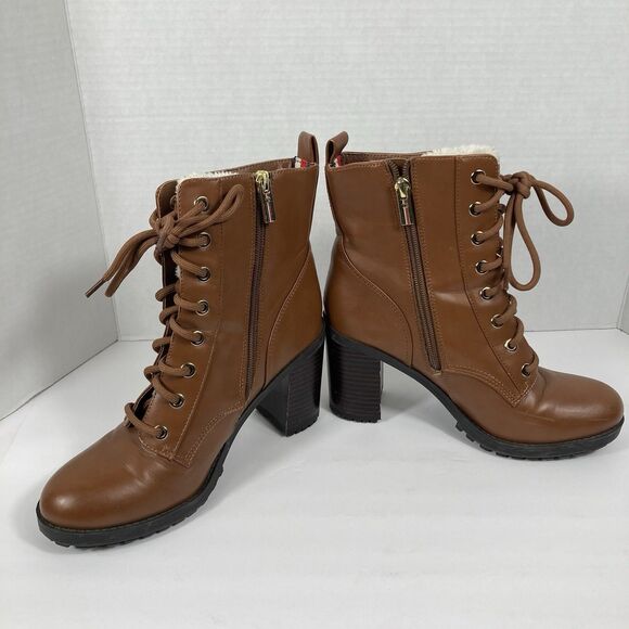 Chunky Brown Ankle Boots Tommy Hilfiger 7M Block Heel Booties LaceUp Grunge - Picture 5 of 14